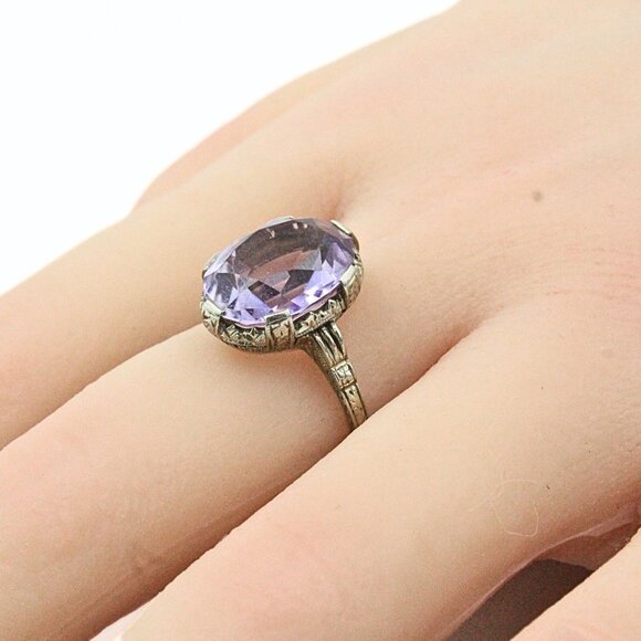 Opulent Antique Edwardian 14K White Gold Amethyst Ring Sz 8. - Picture 2 of 10